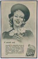 cca 1920-1940 Debreceni Szabó István (1905-1990): Odol. A nevető száj megszépít és megfiatalítja minden nő arcát, mert a jól ápolt száj vonzó és elbájoló., reklám nyomtatvány kartonra kasírozva, 16x10 cm