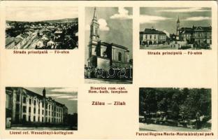 Zilah, Zalau; Strada principala, Biserica rom.-cat., Liceul ref., Parcul Regina Maria / Fő utca, Római katolikus templom, Wesselényi kollégium, Mária királyné park / main street, Catholic church, Calvinist boarding school, park (EK)