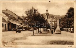 Nagymaros, Fő tér, műemlék, templom, Waldvogel cukrászda, oldalkocsis motorkerékpár (fl)