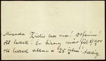 1909 Jászai Mari színművésznő saját kézzel írt sorai névjegykártyáján