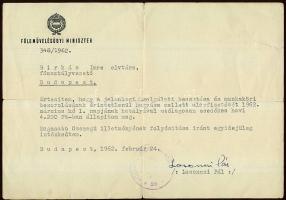 1962 Losonczy Pál miniszter, későbbi államfő által aláírt levél