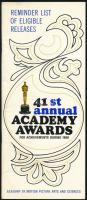 1968 A 41. Oscar-díj átadó ünnepség programtervezete, a jelölt filmek részletes listájával, közte a legjobb idegen nyelvű film kategóriában a Pál utcai fiúkkal, 3 db