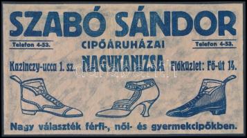 cca 1920-1940 Nagykanizsa, Szabó Sándor Cipőáruházai reklám nyomtatvány, papír kartonra kasírozva, 16x29 cm