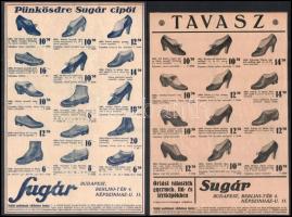 cca 1920-1940 Sugár Áruház 2 db cipőreklám nyomtatványa, papírok kartonokra kasírozva, 29,5x19,5 cm, 28,5x19,5 cm