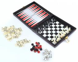 Domino, kockapóker és sakk játék dobozban, teljes, 20x20x4cm