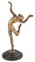 Feltehetően Kerényi Jenő: Art Deco táncos lány. Öntött, patinázott bronz, ütánöntés, bakelit talapzaton, jelzés nélkül, m:42,5cm