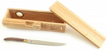 Kolbásztartó fadoboz Laguiole márkájú késsel, szép állapotban, 33x10x7cm