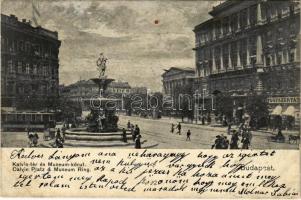 1902 Budapest VIII. Kálvin tér és Múzeum körút, Nemzeti Múzeum, Gyógyszertár, villamos, szökőkút (r)