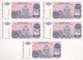 Horvátország / Krajna Szerb Köztársaság 1993. 100.000D (5x) sorszámkövetők "A 1002125 - A 10021...