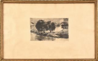 Csergezán Pál (1924-1996): Vízparti táj. Rézkarc, papír, jelzett. Lap szélén apró foltokkal. Üvegezett, dekoratív, kissé sérült fa keretben, 17×25 cm