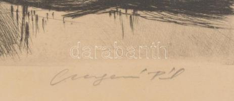 Csergezán Pál (1924-1996): Vízparti táj. Rézkarc, papír, jelzett. Lap szélén apró foltokkal. Üvegeze...