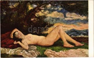 Pihenő leány / Ruhendes Mädchen / Erotic nude lady art postcard. Magyar Rotophot Társaság No. 103. s: Magyar-Mannheimer