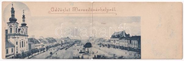 Marosvásárhely, Targu Mures; Fő tér, Dudutz, Fey József, Bogdánffy István üzlete. Két részes kihajtható panorámalap, Holbach Ede kiadása / main square, shops. 2-tiled folding panoramacard (hajtásnál szakadt / bent til broken)