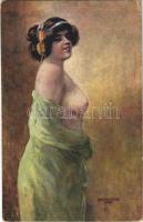 Erotic nude lady art postcard. Salon Apart. F.H. &amp; S. W. IX. Nr. 5221. s: Dolezel-Ezel (EK)