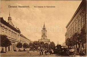 1913 Szatmárnémeti, Satu Mare; Református templom és főgimnázium, Singer Co. varrógép üzlet / Calvinist church and school, sewing machine shop