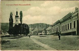 Felsőmecenzéf, Vysny Medzev; utca, templom. Müller Vince kiadása / street, church (Rb)