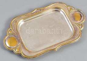 Ezüstözött fém vajtartó, üvegbetéttel, jelzett, kopásnyomokkal, 20×11 cm