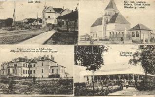 Fogaras, Fagaras; Zeik utca, Görög keleti templom, Városliget, Fogaras vármegye közkórháza / street, Greek Orthodox church, city park, hospital (EK)