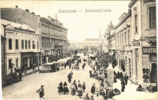 Esztergom, Széchenyi utca, piac, Deutsch üzlete, Takarékpénztár. Tatarek J. kiadása (EK)