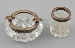 Ezüst (Ag) peremű kristály hamutál és cigarettatartó. Jelzett. d: 11 cm, m:7cm