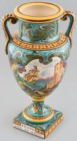 Francia amfóra váza, gazdagon díszített, kézzel festett majolika. Jelzés nélkül, talapzatán felirattal (Coupe Voix du Nord), apró lepattanással, kopásnyomokkal, m: 37,5 cm
