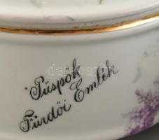 3 részes ételhordó, Püspök Fürdői Emlék, matricás porcelán, jelzés nélkül, kopásokkal, mázhibákkal, ...