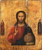 19. századi orosz ikon: Salvator Mundi. Tojástempera, aranyfüst, fa. Sérült. Félbetört. 38,5x32cm