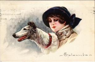 1924 Olasz művészlap, hölgy kutyával / Italian art postcard, lady with dog. G.A.M. 1763-2. s: E. Colombo