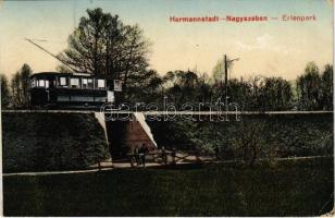 1918 Nagyszeben, Hermannstadt, Sibiu; Erlenpark, villamos. G.A. Seraphin / park with tram (EK)