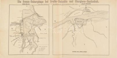 cca 1870-1880 Die Donau-Uebergänge bei Braiala-Matschin und Giurgievo - Rustschuk, (Dunai átkelőhelyek Brailanál és Giurgievonál), Pester Lloyd, hajtott, 26x20 cm, 26x28 cm, teljes: 30x59 cm