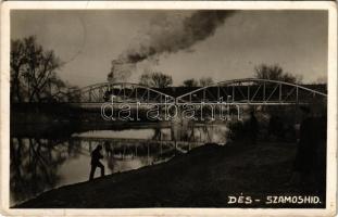 1940 Dés, Dej; Szamos vasúti híd, gőzmozdony, vonat / Somes railway bridge, locomotive, train