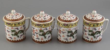 4db Jingdezhen Kína, fedeles teás bögre, kézzel festett porcelán. jelzett, kopásnyomokkal m: 14cm