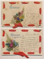 2 db RÉGI hosszú címzéses üdvözlőlap igazi élő szárított virággal és szalaggal díszítve / 2 pre-1905 greeting postcards decorated with real dried flowers and ribbons