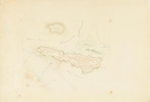 cca 1850 A budai vár és környéknek térképe, rajta a Lánchíddal és hajóhíddal, de a még alagút nélkül, jelzés nélkül, kézzel rajzolt és színezett, akvarell, foltos, az egyik sarkán kis lyukkal, kis lapszéli szakadásokkal, 25x31 cm, teljes: 38x54 cm