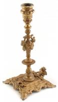 Historizáló, aranyszínű fém gyertyatartó, kis zománclepattanásokkal, kopásnyomokkal, m: 23 cm
