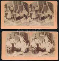 cca 1890 Hálószobai játék, 2 db sztereófotó, 8,5×18 cm