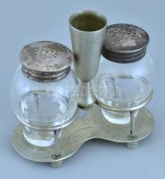 Régi só- és borsszóró tartóállvánnyal, alpakka, üveg, jelzett (Hacker és Társa), kopásnyomokkal, 10x9,5 cm