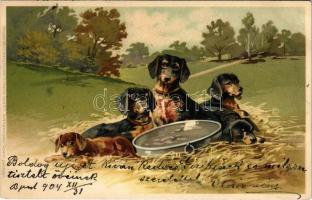 1905 Tacskók / Dachshund dogs. Meissner & Buch Künstler-Postkarten Serie 1275. Gute Kameraden litho