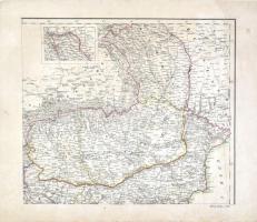 cca 1860 Románia (Wallachei, Moldau) térképe, kézzel határszínezett litográfia, foltos, kis szakadással, 31x36 cm/ cca 1860 Map of Romania (Wallachei, Moldau), litography with coloured borders, little bit damaged, spotty, 31x36 cm
