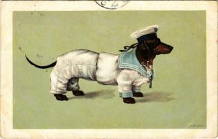 1910 Tacskók matróz egyenruhában / Dachshund dogs in mariner uniform. Ottmar Zieher litho (EK)