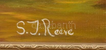 S. J. Reeve (?-): Vadászatról hazatérők. Olaj, karton, jelzett. Dekoratív fa keretben, 30×40 cm