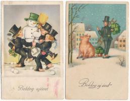 2 db RÉGI kéményseprős litho újévi üdvözlő képeslap / 2 pre-1945 New Year greeting motive postcards: chimney sweepers litho