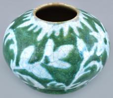 Gorka Géza (1895-1971): Zöld fekete mintás váza. Kézzel festett, repesztett mázas cserép, jelzett (Losonc), apró máz hibákkal, m:10 cm, d: 14 cm