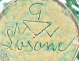 Gorka Géza (1895-1971): Zöld fekete mintás váza. Kézzel festett, repesztett mázas cserép, jelzett (L...