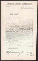 1901 Kolozsvár, az Erdélyi Kárpát-Egyesület (EKE) körlevele az Unió gyufagyár által forgalomba hozott EKE-gyújtók tárgyában, nyomtatott aláírásokkal, kitöltetlen