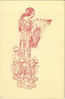 Lady with harp. Art Nouveau art postcard