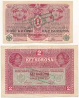 1916. 1K + 1917. 2K, mindkettő hamis felülbélyegzéssel (fake overprint) T:III Adamo K3, K6