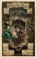 Bonne Année / New Year greeting art postcard with lady and calendar