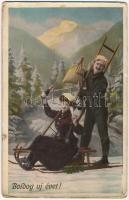 1911 Boldog Újévet! / New Year greeting with chimney sweeper on ski, lady in a sled with champagne, winter sport (kopott sarkak / worn corners)