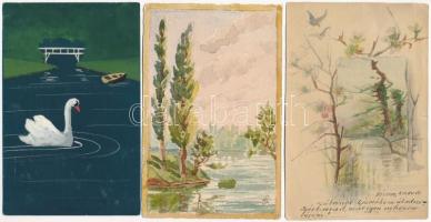 3 db RÉGI kézzel festett művészlap / 3 pre-1945 hand-painted art postcards